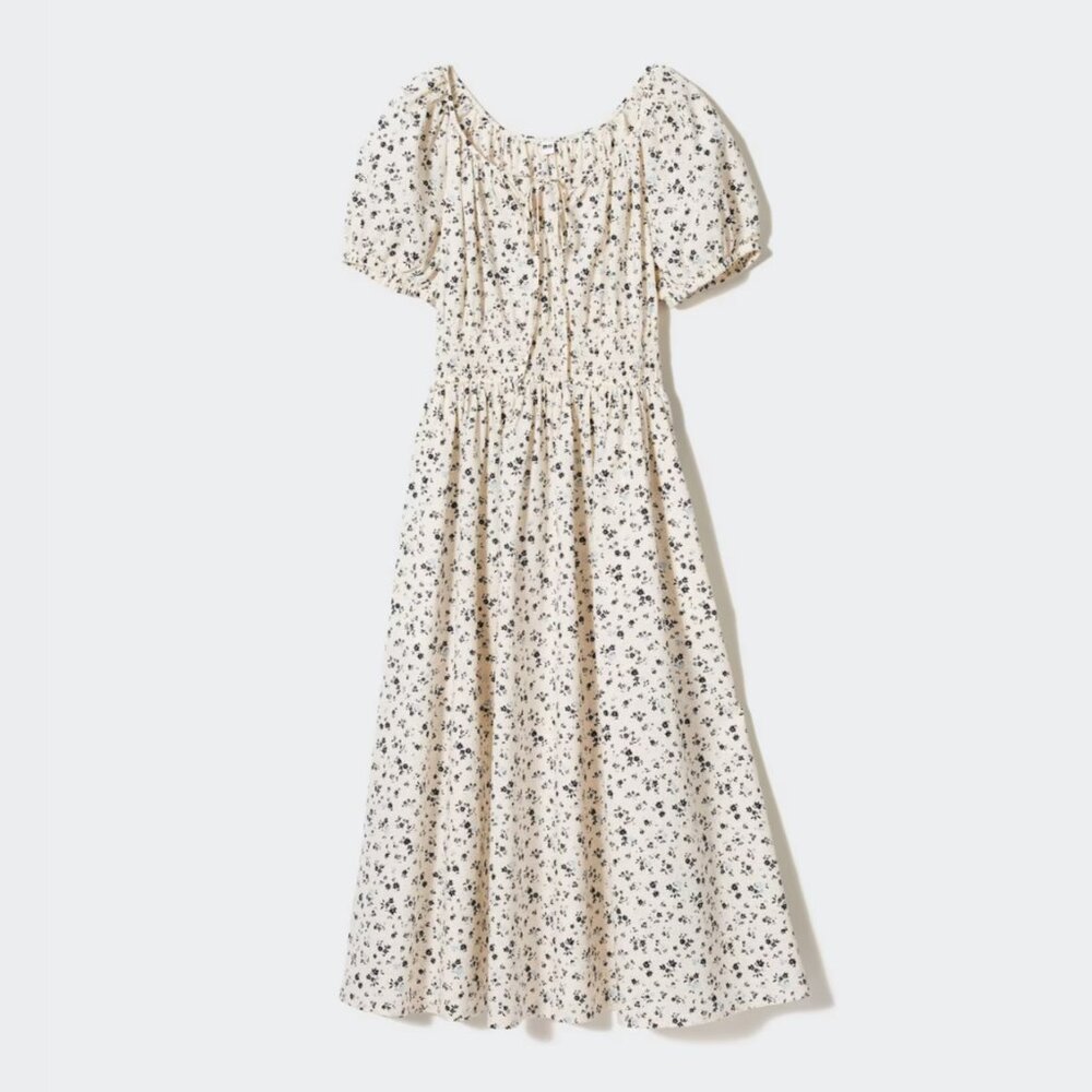 uniqlo volume puff sleeve dress with petticoat - off-white/cream - medium (m)